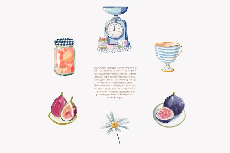 akvarell kök clipart set, mysiga skafferiillustrationer, element i stugkök, fruktburkar och fat, bondgårdskök i akvarell bild 2