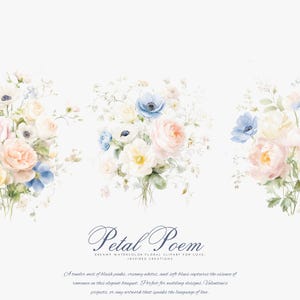 Peut inclure: Clipart floral &agrave; l'aquarelle repr&eacute;sentant des bouquets de fleurs aux couleurs pastel. Les bouquets comprennent des fleurs roses, bleues et jaunes avec un feuillage vert. Le texte "Petal Poem" est affich&eacute; en &eacute;criture &eacute;l&eacute;gante.