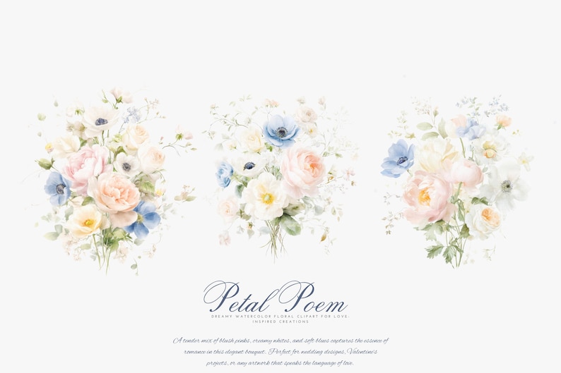 Peut inclure: Clipart floral &agrave; l'aquarelle repr&eacute;sentant des bouquets de fleurs aux couleurs pastel. Les bouquets comprennent des fleurs roses, bleues et jaunes avec un feuillage vert. Le texte "Petal Poem" est affich&eacute; en &eacute;criture &eacute;l&eacute;gante.