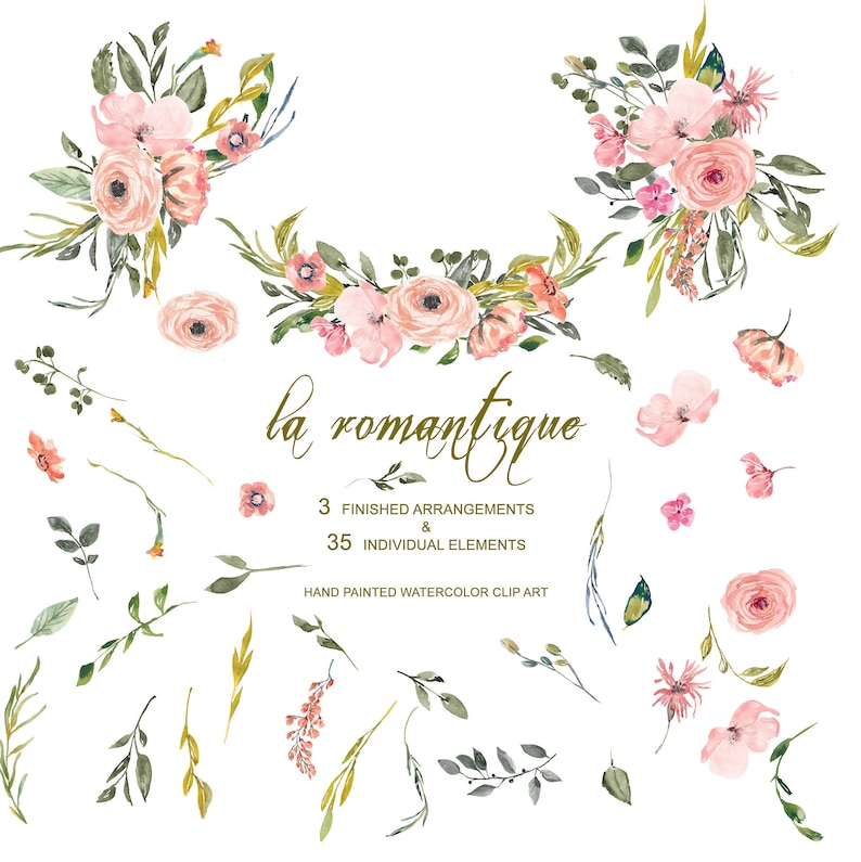 La Romantique* Blush Flowers Clipart Watercolor Romantic Florals Elements Hand Painted Wedding Decor #S66