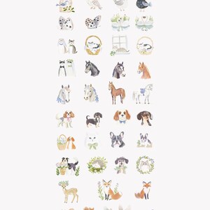 May include: Watercolor clipart set featuring various animals, including birds, cats, dogs, horses, and woodland creatures. The illustrations are in a soft, vintage style with a romantic countryside charm. The image includes the text "120+".
