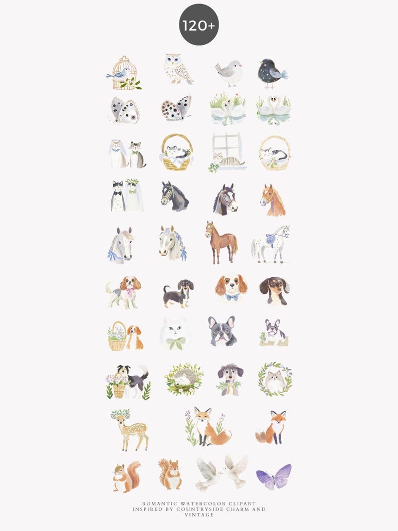 May include: Watercolor clipart set featuring various animals, including birds, cats, dogs, horses, and woodland creatures. The illustrations are in a soft, vintage style with a romantic countryside charm. The image includes the text "120+".