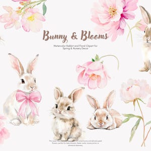 Puede incluir: Ilustraciones en acuarela de conejos y flores rosas. La imagen incluye varios conejos en varias poses, rodeados de peonías rosas y otros elementos florales. El texto dice "Bunny & Blooms" y "Watercolor Rabbit and Floral Clipart for Spring & Nursery Decor."