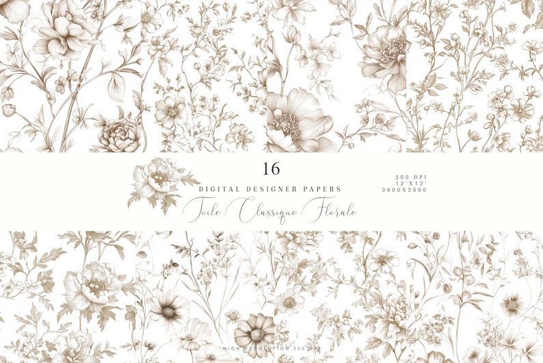May include: A set of 16 digital paper designs featuring a delicate floral pattern in shades of brown. The papers are 300 DPI and measure 12" x 12" (3600 x 3600 pixels). The text "Toile Classique Florale" is included in the design.