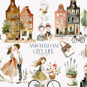 Peut inclure: Illustration à l'aquarelle intitulée "Amsterdam City Life" représentant des bâtiments européens, des couples, un vélo et des accessoires. L'œuvre a une palette de couleurs douces et un style fantaisiste.