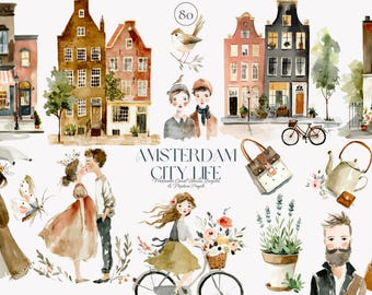 watercolor city, amsterdam houses, canal homes, city clipart, watercolor building, urban life, dutch clipart, watercolor people, modern city