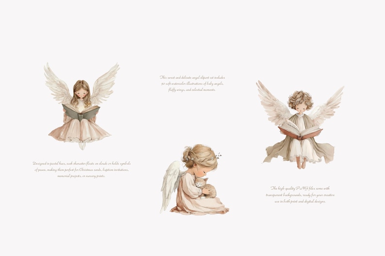 May include: Watercolor illustrations of angels with feathered wings, reading books, and holding a kitten. The angels are depicted in soft pastel colors, with text describing the set as perfect for Christmas cards and baptism invitations.