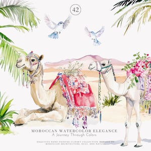 May include: Watercolor illustration of two camels in a desert scene with palm trees and birds. One camel is lying down with a red and floral saddle, the other is standing with a floral saddle. The text reads "Moroccan Watercolor Elegance".