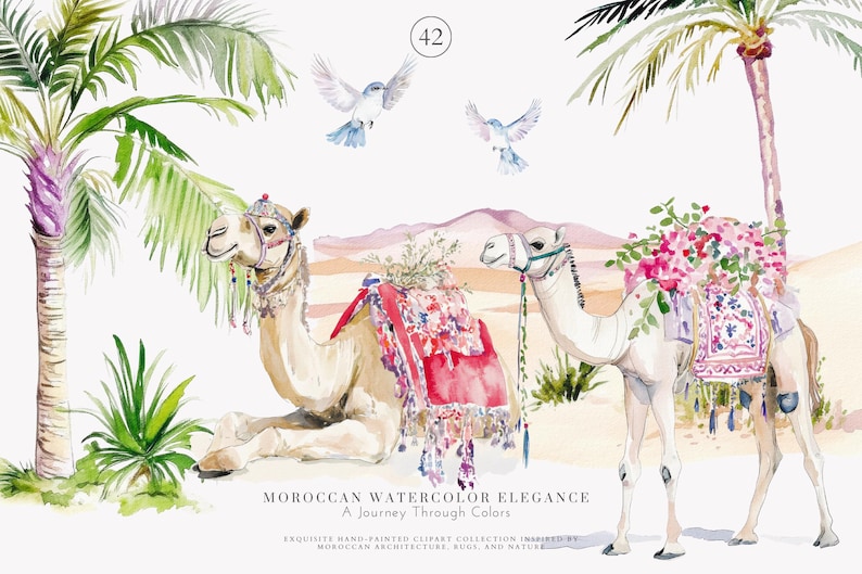 May include: Watercolor illustration of two camels in a desert scene with palm trees and birds. One camel is lying down with a red and floral saddle, the other is standing with a floral saddle. The text reads "Moroccan Watercolor Elegance".