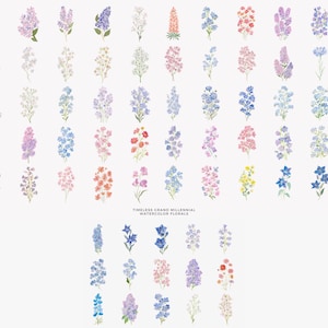 May include: A collection of watercolor floral illustrations in various colors, including pink, purple, blue, and yellow. The image features multiple flower types, with the text "TIMELESS GRAND MILLENNIAL WATERCOLOR FLORALS" at the bottom.