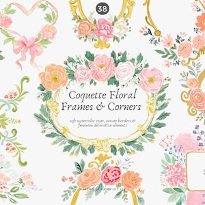 May include: Watercolor floral frames and corners in a variety of shapes, including oval, heart, and rectangular. The designs feature soft watercolor roses and decorative elements in shades of pink, peach, and green.