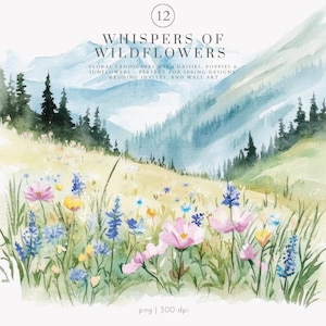 Clipart paysage - aquarelle de prairie - paysage floral - fond de mariage - fleurs de montagne - peinture nature - fleurs des champs png