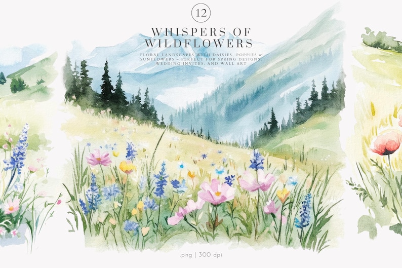 May include: Watercolor painting of a field of wildflowers in a mountain valley. The painting features a variety of flowers, including daisies, poppies, and sunflowers. The mountains in the background are painted in shades of blue and green.