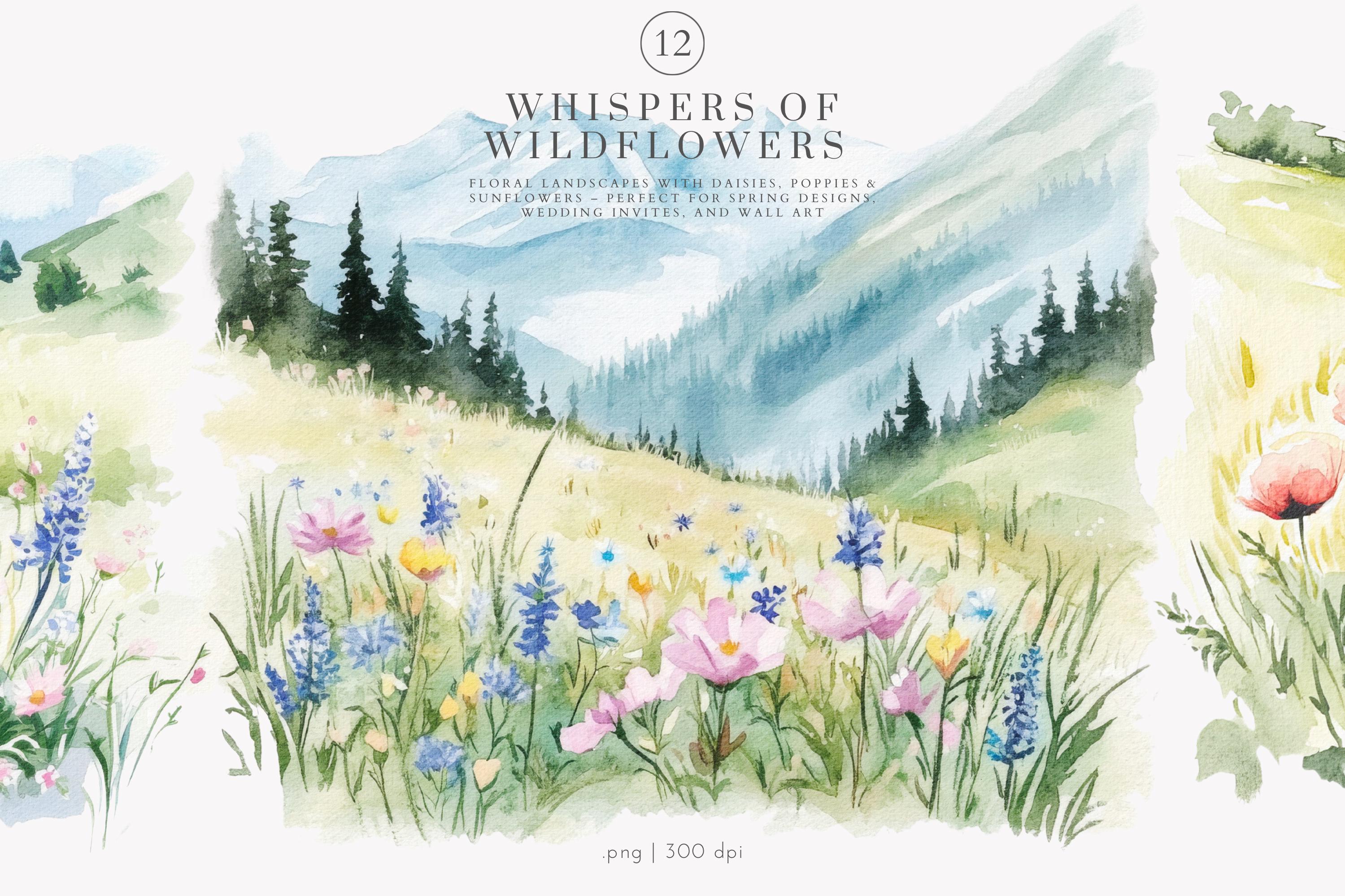 watercolor landscape clipart png, meadow floral nature painting with mountain flowers, field flower illustration wedding background digital