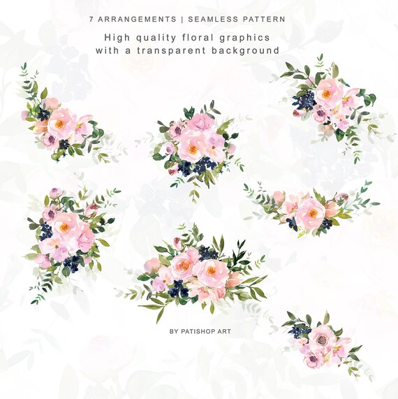 Clip Art Blushing Pink Romantic Blush Floral Clipart Collection Watercolor Floral Elements Geometric Frames Seamless Patterns Wedding Decor E4 Art Collectibles