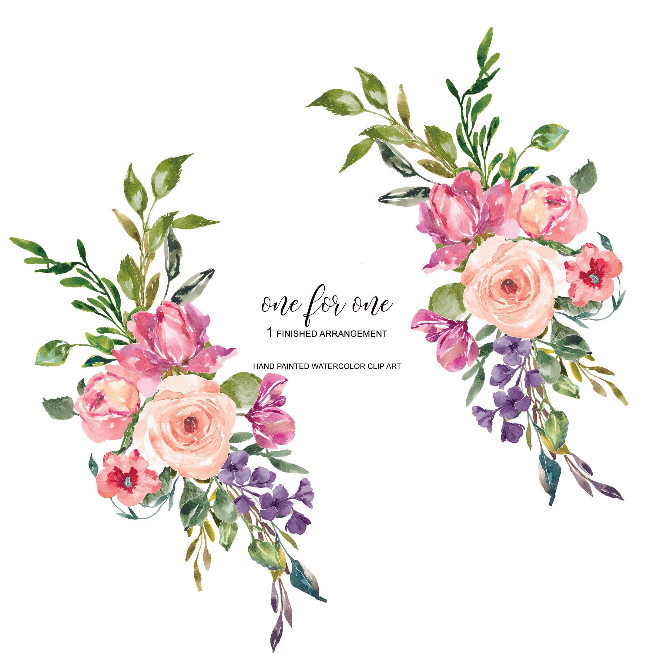 One for One* Watercolor Romantic Rose Clipart One Arrangement Hand Pa…