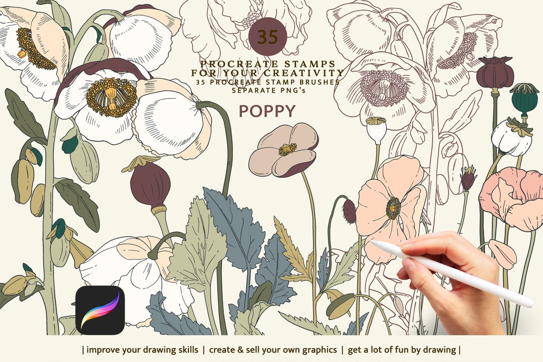 Poppy Stamps Procreate Brushes - Floral Stamp - Botanical Stamp ...