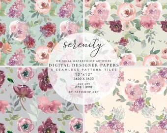 Watercolor Rose Digital Paper, Scrapbook Papers ,Seamless Patterns, Digital Background, Printable Paper Set, Planner Design, Wedding Papers