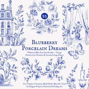 Garabatos vintage - clipart esbozado - castillo francés - arte lineal floral - dibujos elegantes - tinta azul - imágenes prediseñadas estilo cottagecore - gráficos antiguos png