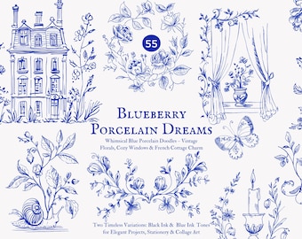 vintage doodles clipart png, french chateau sketched line art drawings, elegant floral cottagecore illustrations, antique blue ink graphics