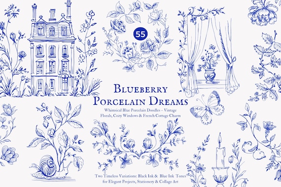 vintage doodles clipart png, french chateau sketched line art drawings, elegant floral cottagecore illustrations, antique blue ink graphics