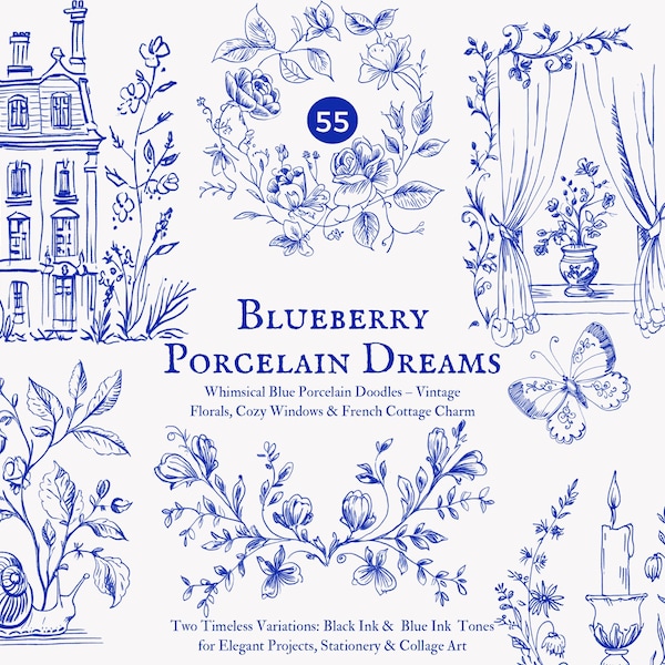 vintage doodles clipart png, french chateau sketched line art drawings, elegant floral cottagecore illustrations, antique blue ink graphics