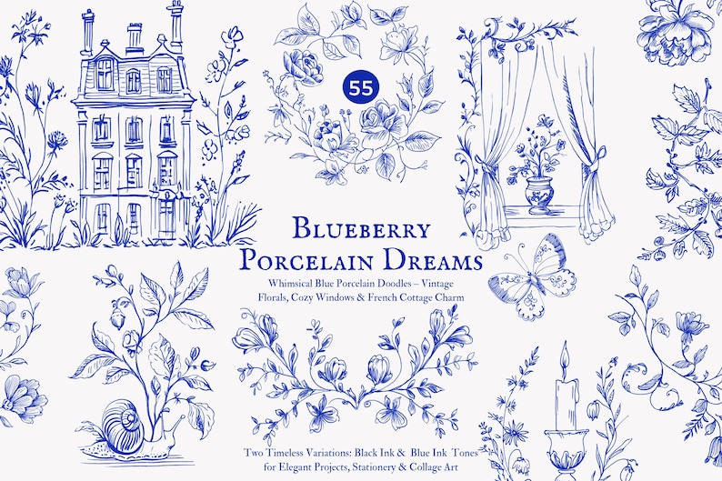 May include: A set of 55 blue and white porcelain style illustrations featuring vintage floral designs, windows, a cottage, a snail, a butterfly, and a candle. The illustrations are perfect for creating digital or physical projects.