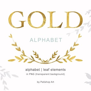 Alfabeto de oro, alfabeto de lámina de oro, monograma brillante, alfabeto de oro metálico, imágenes prediseñadas de hoja de oro y plata, letras y números, alfabeto