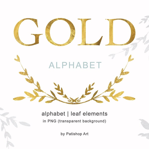 Gold Alphabet, Gold Foil Alphabet, Sparkling Monogram, Metallic Gold Alphabet, Gold and Silver Leaf Clipart, Letters and Numbers, Alphabet