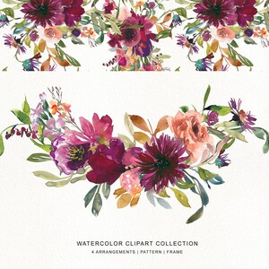 May include: Watercolor clipart collection featuring four arrangements of burgundy, pink, and peach flowers with green leaves. The text "WATERCOLOR CLIPART COLLECTION 4 ARRANGEMENTS | PATTERN | FRAME" is at the bottom of the image.