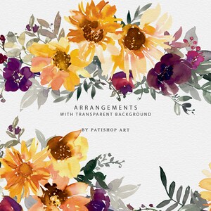 May include: Watercolor floral arrangements featuring sunflowers, purple flowers, and greenery. The text reads "ARRANGEMENTS WITH TRANSPARENT BACKGROUND" and "BY PATISHOP ART". The design is in shades of yellow, orange, and purple.