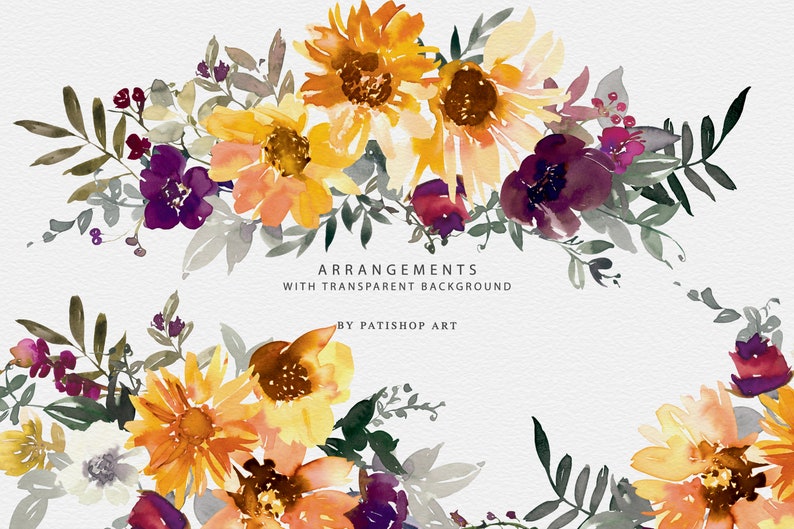 May include: Watercolor floral arrangements featuring sunflowers, purple flowers, and greenery. The text reads "ARRANGEMENTS WITH TRANSPARENT BACKGROUND" and "BY PATISHOP ART". The design is in shades of yellow, orange, and purple.