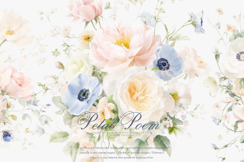 Peut inclure: Composition florale &agrave; l'aquarelle avec des fleurs roses, blanches et bleues douces. Le design comprend des roses, des an&eacute;mones et d'autres fleurs, avec le texte "Petal Poem" en &eacute;criture &eacute;l&eacute;gante. Un design floral d&eacute;licat et romantique.