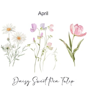 May include: Watercolor illustration of a daisy, sweet pea, and tulip. The flowers are pink, white, and green. The text "April" and "Daisy Sweet Pea Tulip" are written below the flowers.