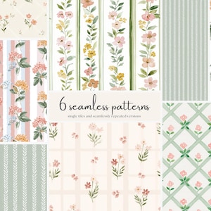 May include: A collection of six seamless patterns featuring floral and botanical designs. The patterns include stripes, floral arrangements, and trellis patterns in soft pastel colors such as pink, green, and yellow. The text "6 seamless patterns" is displayed.