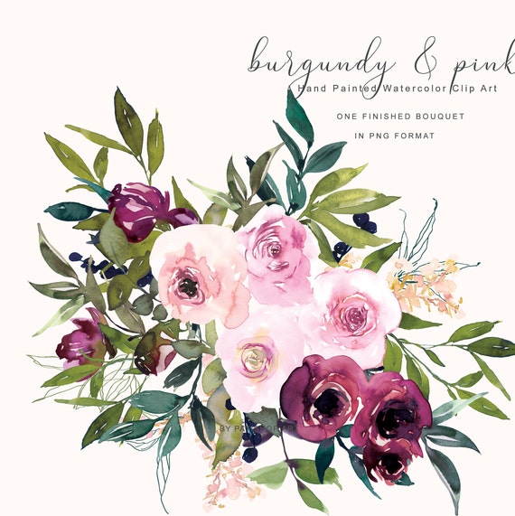 Burgundy And Pink Watercolor Flower Clipart Burgundy Hand Etsy