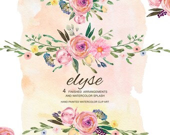 composizioni floreali ad acquerello - clipart rosa rosa - clipart fiori rustici fiori stile boho - clipart matrimonio preconfezionato - clipart rosa rosa