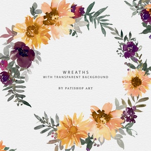 May include: Watercolor floral wreaths with a transparent background. The wreaths feature sunflowers, purple flowers, and green leaves. The text "Wreaths with transparent background" and "By Patishop Art" are visible.