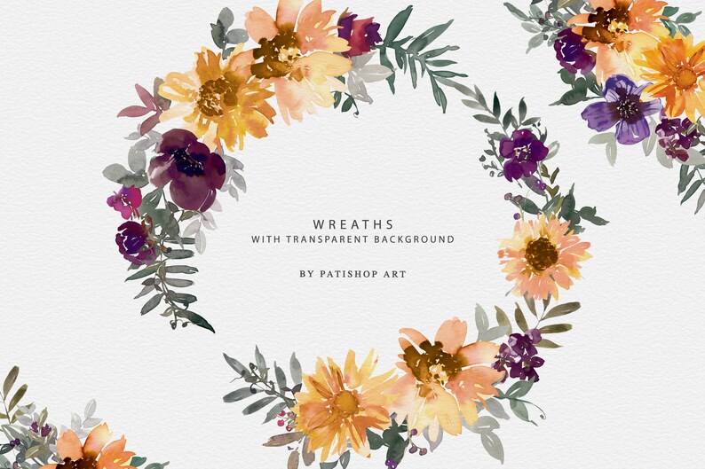 May include: Watercolor floral wreaths with a transparent background. The wreaths feature sunflowers, purple flowers, and green leaves. The text "Wreaths with transparent background" and "By Patishop Art" are visible.