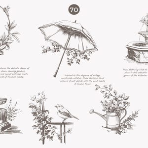 Puede incluir: Una colecci&oacute;n de 70 ilustraciones vintage con delicados dise&ntilde;os florales, un p&aacute;jaro, una fuente, una regadera y una sombrilla. Las ilustraciones son en blanco y negro y tienen una est&eacute;tica vintage.