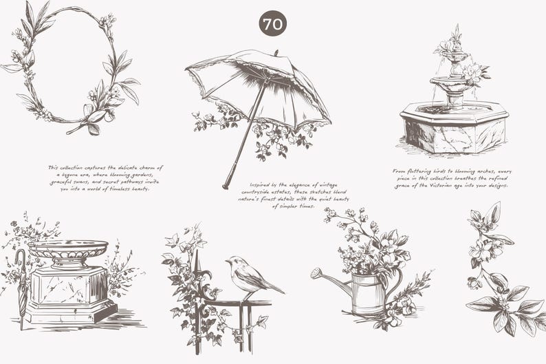 Puede incluir: Una colecci&oacute;n de 70 ilustraciones vintage con delicados dise&ntilde;os florales, un p&aacute;jaro, una fuente, una regadera y una sombrilla. Las ilustraciones son en blanco y negro y tienen una est&eacute;tica vintage.