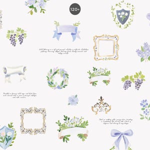 May include: Watercolor illustrations of floral elements, frames, and ribbons in shades of blue, purple, and gold. The image includes a variety of designs, such as wreaths, bouquets, and decorative frames, perfect for crafting or design projects.
