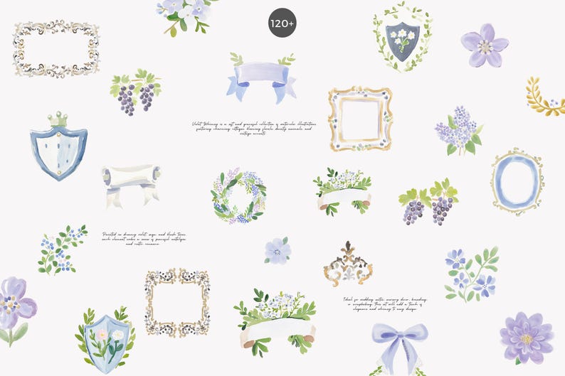 May include: Watercolor illustrations of floral elements, frames, and ribbons in shades of blue, purple, and gold. The image includes a variety of designs, such as wreaths, bouquets, and decorative frames, perfect for crafting or design projects.