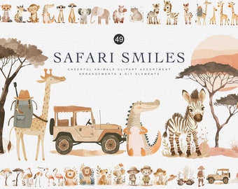 watercolor safari animals clipart set, beige jungle baby art, african wildlife illustrations for nursery decor and baby shower, zebra png