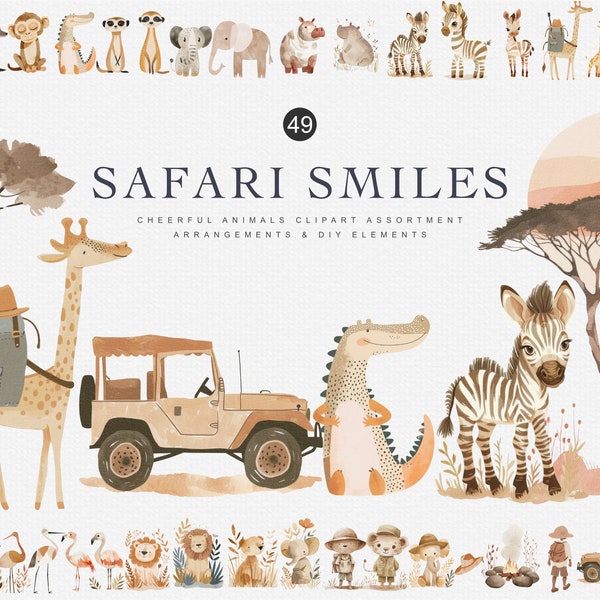 watercolor safari animal clipart bundle, nursery clipart, crocodile png, cute giraffe clipart, flaming clipart, zebra clipart, elephant png