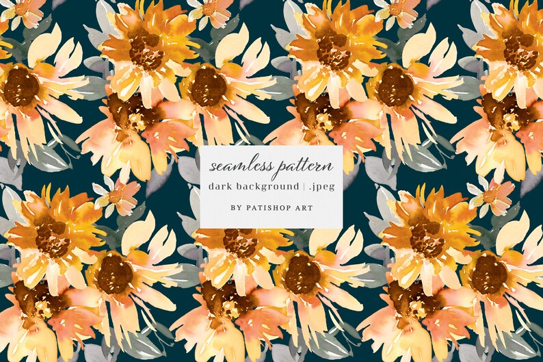 May include: Watercolor floral pattern featuring sunflowers in shades of yellow, orange, and brown against a dark teal background. The design includes the text "seamless pattern dark background .jpeg" and "BY PATISHOP ART".