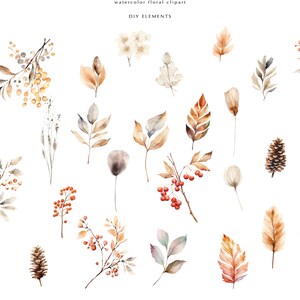 May include: Watercolor floral clipart featuring autumn leaves, berries, branches, and pine cones in shades of brown, orange, red, and white. DIY elements.
