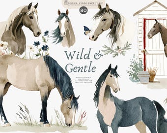 May include: Watercolor illustrations of horses in various poses, with a soft, artistic style. The image includes the text "Wild & Gentle" and floral accents, suggesting an equestrian or farm theme. The illustrations are suitable for creative projects.