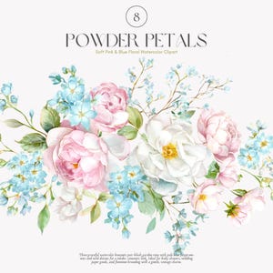 pétalas de pó - flores blush - buquê azul - clipart de casamento - flores vintage - arranjo floral - rosas em aquarela - flores suaves png
