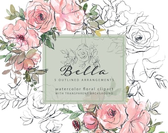 watercolor floral clipart -  outlined floral clipart - summer flowers - sketched flowers - wedding decor - line art clipart -floral doodles